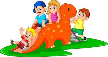 the happy children playing the dinosaur slide and some of them climb the ladder vector