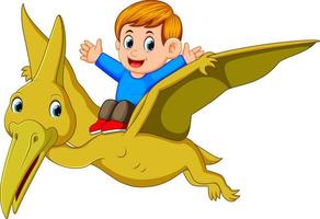 the boy sitting on the big pterodactylus and open his hand vector