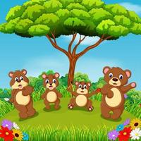 the beautiful view with the group of brown bear playing together vector