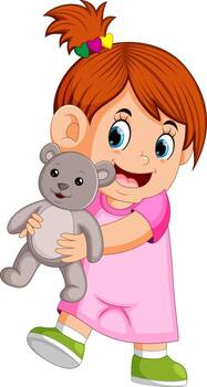 a girl happy playing with a gray teddy bear vector