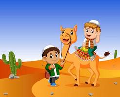 the boy ridding a camel in the wasteland and the a men guide the camel vector