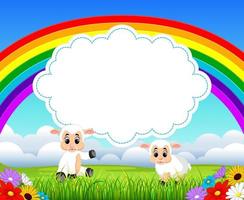 the nature view with the cloud board blank space and a baby sheep sitting near it vector