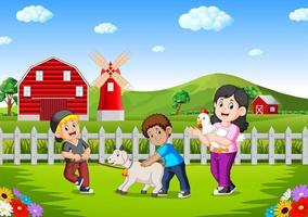 madre e hijos en la granja con ganado animal vector
