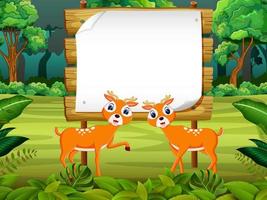 the wooden board blank space with two cute dear with forest background vector