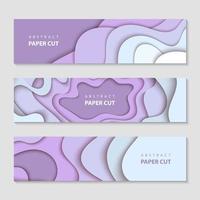 Paper cut waves shape abstract template, violet background. Horizontal banners, cover layout, social media design. 3D abstract paper art style. vector