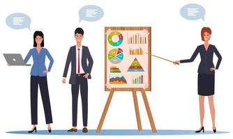 A young businesswoman holds a meeting with her colleagues.Business meeting of employees.People give presentations, Express their opinions, and talk to each other.Flat cartoon vector illustration.