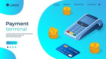 Payment terminal credit card and coins.Isometric image of payment terminals in different angles and credit cards.The concept of online payments and money transfers.vector illustration. vector