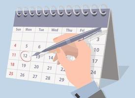 la mano de un hombre de negocios tomando notas en el calendario.fecha límite y programación de tareas.cálculo de los días restantes.ilustración vectorial plana. vector