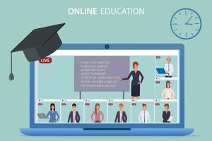 A teacher teaches students via video conference.The concept of learning from home, getting home education via the Internet.The teleconferencing system during the epidemic of the coronavirus COVID19. vector