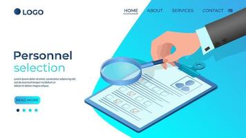 Personnel selection.The businessman's hand studies the employee's questionnaire with a magnifying glass.The concept of finding new employees.Support for specialists.Isometric vector illustration.