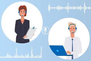 Work in a call center.A man and a woman are engaged in customer service at a call center.Communication, support and help people.Flat vector illustration.