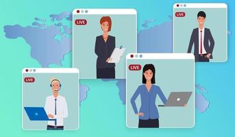 International online negotiations.People communicate with each other online against the background of a map of the earth.Online meeting under quarantine.Flat vector illustration.