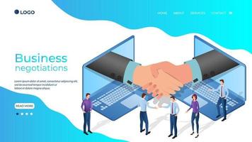 Business negotiation.People in the background of a laptop with a handshake conclude an agreement.Online negotiations.Business and financial negotiations and contracts.The template of the landing page. vector