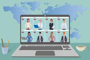 Online video conference.People communicate with each other,remote work,freelancing, online education using a laptop.Concept of development of modern technologies.Flat vector illustration.