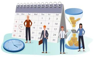 Planning Manager.People are discussing the timing of the completion of the project.Financial advice.Schedule tasks using the calendar.Flat vector illustration isolated on a white background.