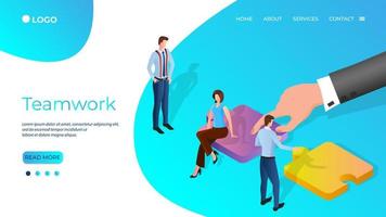 Teamwork.Business people collect puzzles.The concept of finding solutions in business.Getting out of difficult situations.Isometric vector illustration.The template of the landing page.