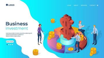 Business and investment Analytics.People in the background of infographics are engaged in financial Analytics.Teamwork and collaboration.Isometric vector illustration.The template of the landing page.