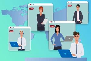 Online video conference.Teamwork between the business men and business women.Remote work, online training, freelancing, and virtual communication in self-isolation.Flat vector illustration.