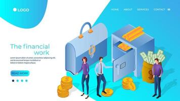 The financial work.People are engaged in financial activities.Businessmen on the background of a Bank safe and coins, and gold bars.Banking and teamwork.Isometric vector illustration.