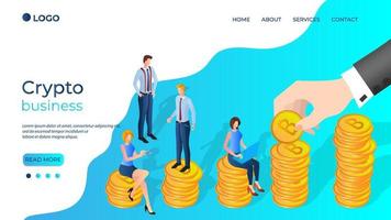 Crypto business.Business people mined bitcoin.The concept of modern cryptocurrency production of bitcoins.Isometric vector illustration.The template of the landing page.