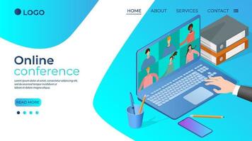 Online conference.People communicate with each other over an Internet connection.The concept of an online conference of Remote work and online talks.Isometric vector illustration