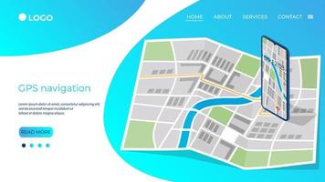 GPS navigation.Map and smartphone with GPS Navigator.The concept of modern technologies when using navigation.Isometric vector illustration.The template of the landing page.