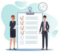 Businessmen are planning a task.List of time management tasks.People next to a large list of planned tasks.The complete list of tasks is marked with the completed tasks check box.Flat  illustration vector