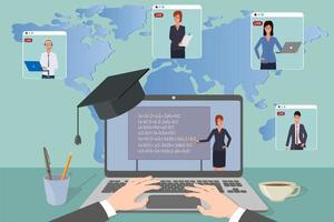 educación en línea, e-learning.el maestro lleva a cabo la lección en la pantalla de la computadora portátil en modo en línea.educación en el hogar, aprendizaje a distancia y aprobación de exámenes.cursos en línea y capacitación avanzada. vector