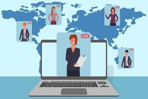 Global video conference.People communicate with each other from different parts of the world.The concept of a global digital network.Flat vector illustration.