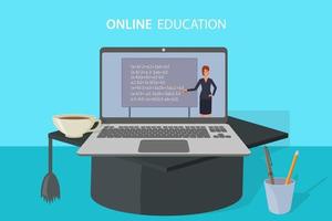 Online education, e-learning.The teacher conducts the lesson on a laptop screen on an academic cap.Home schooling, distance learning, and passing exams.Online courses and advanced training. vector