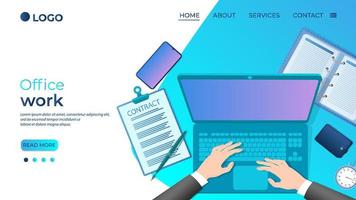 Office work.Workplace of a businessman.Hands of a businessman with a laptop at the Desk.coworking office work.Flat vector illustration.The template of the landing page.