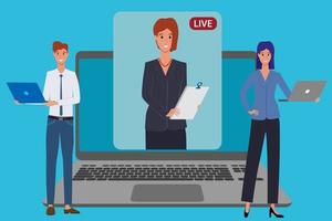 People hold a meeting using a video conference.Freelance remote work using new technologies.It can be used for web design.Flat vector illustration.