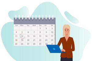 Young businesswoman and calendar.Deadline and task scheduling.Calculation of the remaining days.Flat vector illustration.