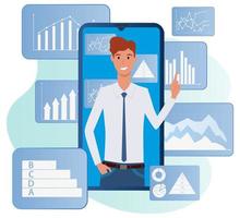 Market Analytics.The businessman is involved in assessing market opportunities.Businessman and smartphone on the background of infographics.Flat vector illustration isolated on a white background.