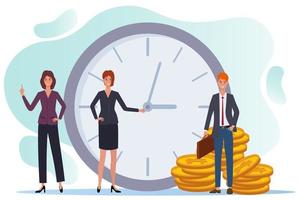 Deadline.People distribute tasks and check them against the clock.Time management and teamwork.People on the background of large watches and coins.Flat vector illustration