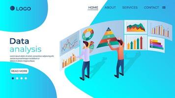 Data analysis.Business people who study and analyze data.The concept of collaboration and analytical thinking.Flat vector illustration.The template of the landing page.