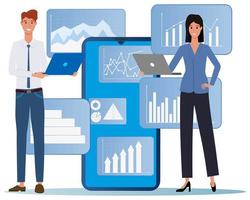 A young woman and a man are studying data next to a smartphone.The concept of data transmission over the Internet, data analysis and infographics.Flat vector illustration for web design