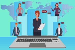 Video conference online.People communicate and engage in business negotiations using a laptop.Remote education, freelancing and remote work.Flat vector illustration.