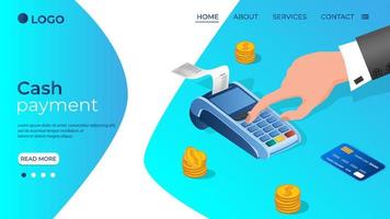 Cash payment.Online payments.The human hand makes the payment via a portable terminal.The concept of non-cash payment.Isometric vector illustration.The template of the landing page.