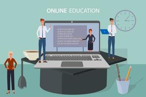 Online education, e-learning.The teacher conducts the lesson on a laptop screen on an academic cap.Home schooling, distance learning, and passing exams.Online courses and advanced training. vector