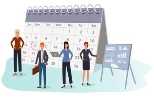 Businessmen and brainstorming.Employees check reports with the calendar.Deadline and coworking.Teamwork and search for ideas.Flat vector illustration.