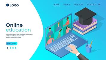 Online education.People get their education through an Internet connection.Web conference online exams.Isometric vector illustration.The template of the landing page.