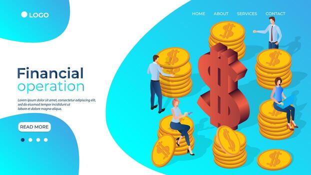 People are engaged in financial transactions.People on the background of coins and a large dollar sign.Teamwork financial control and monitoring.3D-image.The template of the landing page. vector