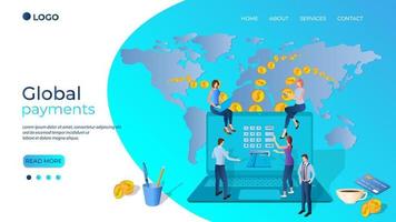 pagos globales en línea.los hombres de negocios transfieren dinero en todo el mundo.el concepto de transferencias de dinero rápidas y seguras.ilustración vectorial isométrica.la plantilla de la página de destino. vector