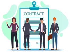 Young businessmen agree to sign a contract.The handshake, the signing of the Treaty negotiations.Flat vector illustration isolated on a white background.You can use it for web design.