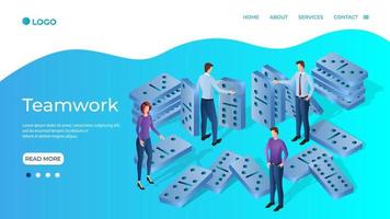 Teamwork.People and dominoes.Businessmen are engaged in laying out dominoes.The concept of teamwork, joint search for solutions.Isometric vector illustration.The template of the landing page.