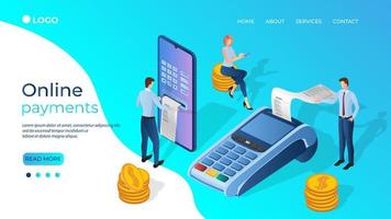 Online payments.People on the background of a smartphone and a payment terminal are engaged in transferring Bank funds.The concept of online banking and transfers via the Internet.Isometric vector