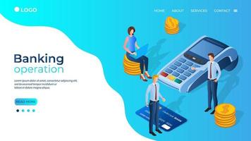 Banking operation.Bank employees in the background of the credit card payment terminal.The concept of Bank payments, transfers, and financial activities.The template of the landing page. vector