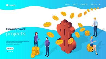 People are engaged in investment projects.People on the background of a large dollar sign.Financial investments,securities transactions, and market analysis.Isometric vector illustration.