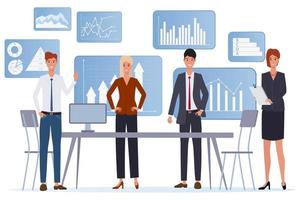 Business men and business women in business suits make a meeting on the background of an infographic.Business team.Task planning search for solutions new ideas and brainstorming.Flat  illustration. vector